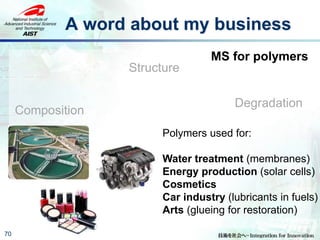 70
Degradation
MS for polymers
Structure
Composition
Polymers used for:
Water treatment (membranes)
Energy production (solar cells)
Cosmetics
Car industry (lubricants in fuels)
Arts (glueing for restoration)
A word about my business
 
