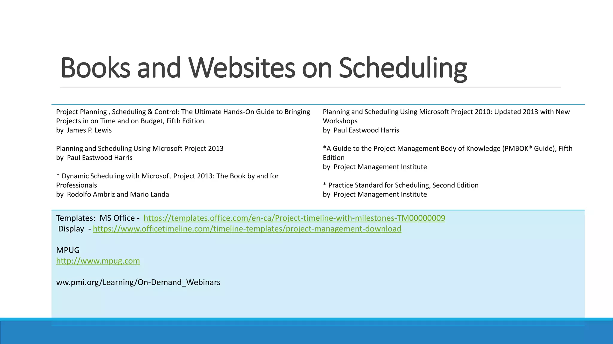 Books and Websites on Scheduling
Project Planning , Scheduling & Control: The Ultimate Hands-On Guide to Bringing
Projects in on Time and on Budget, Fifth Edition
by James P. Lewis
Planning and Scheduling Using Microsoft Project 2013
by Paul Eastwood Harris
* Dynamic Scheduling with Microsoft Project 2013: The Book by and for
Professionals
by Rodolfo Ambriz and Mario Landa
Planning and Scheduling Using Microsoft Project 2010: Updated 2013 with New
Workshops
by Paul Eastwood Harris
*A Guide to the Project Management Body of Knowledge (PMBOK® Guide), Fifth
Edition
by Project Management Institute
* Practice Standard for Scheduling, Second Edition
by Project Management Institute
Templates: MS Office - https://templates.office.com/en-ca/Project-timeline-with-milestones-TM00000009
Display - https://www.officetimeline.com/timeline-templates/project-management-download
MPUG
http://www.mpug.com
ww.pmi.org/Learning/On-Demand_Webinars
 