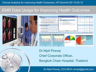 Clinical Analytics for Improving Health Outcomes, HIT-Summit SG 15-03-12


EMR Data Usage for Improving Health Outcomes




                                 Dr.Nipit Piravej
                                 Chief Corporate Officer,
                                 Bangkok Chain Hospital, Thailand

                                    Dr.Nipit Piravej, CCO-BCH; drnipit@gmail.com
 