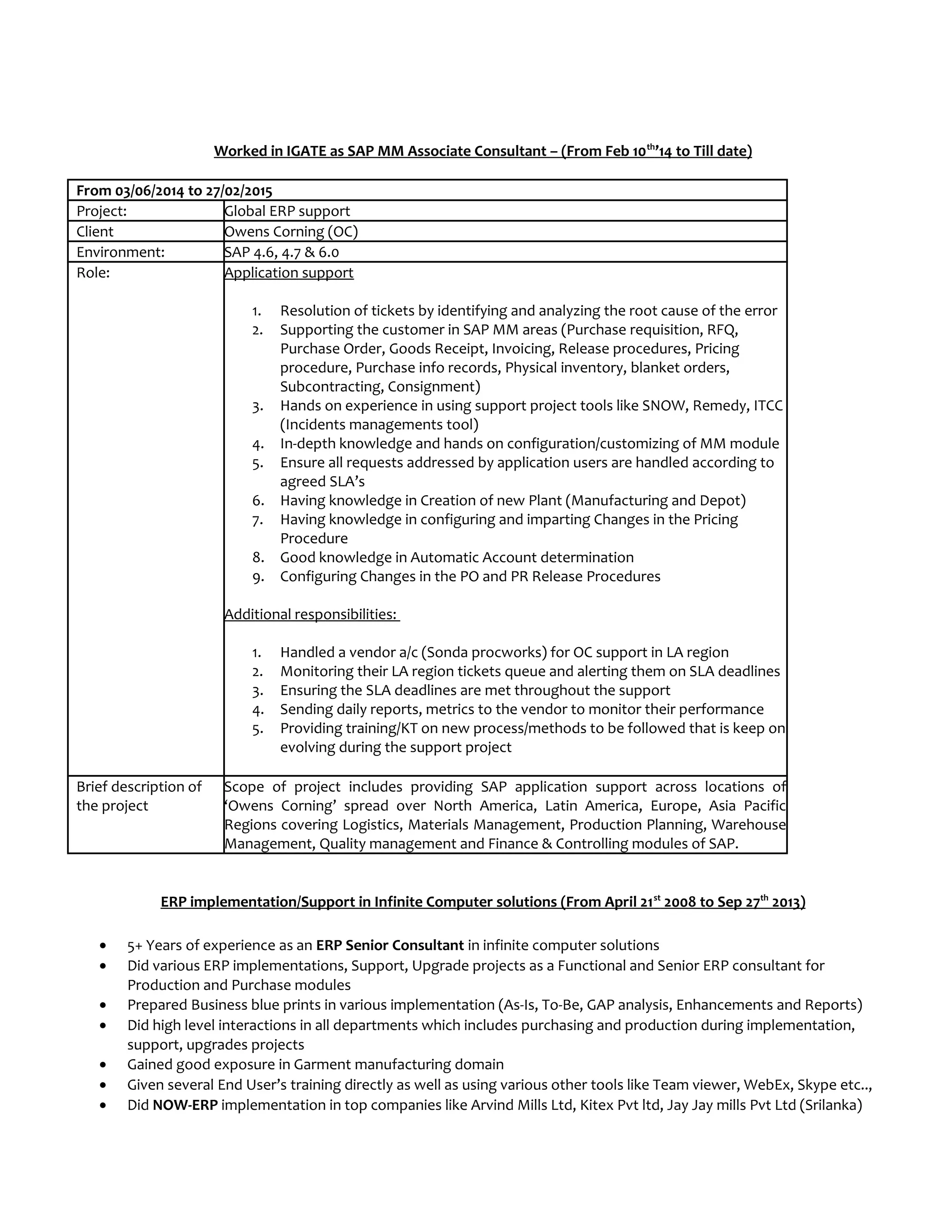 Worked in IGATE as SAP MM Associate Consultant – (From Feb 10th
’14 to Till date)
From 03/06/2014 to 27/02/2015
Project: Global ERP support
Client Owens Corning (OC)
Environment: SAP 4.6, 4.7 & 6.0
Role: Application support
1. Resolution of tickets by identifying and analyzing the root cause of the error
2. Supporting the customer in SAP MM areas (Purchase requisition, RFQ,
Purchase Order, Goods Receipt, Invoicing, Release procedures, Pricing
procedure, Purchase info records, Physical inventory, blanket orders,
Subcontracting, Consignment)
3. Hands on experience in using support project tools like SNOW, Remedy, ITCC
(Incidents managements tool)
4. In-depth knowledge and hands on configuration/customizing of MM module
5. Ensure all requests addressed by application users are handled according to
agreed SLA’s
6. Having knowledge in Creation of new Plant (Manufacturing and Depot)
7. Having knowledge in configuring and imparting Changes in the Pricing
Procedure
8. Good knowledge in Automatic Account determination
9. Configuring Changes in the PO and PR Release Procedures
Additional responsibilities:
1. Handled a vendor a/c (Sonda procworks) for OC support in LA region
2. Monitoring their LA region tickets queue and alerting them on SLA deadlines
3. Ensuring the SLA deadlines are met throughout the support
4. Sending daily reports, metrics to the vendor to monitor their performance
5. Providing training/KT on new process/methods to be followed that is keep on
evolving during the support project
Brief description of
the project
Scope of project includes providing SAP application support across locations of
‘Owens Corning’ spread over North America, Latin America, Europe, Asia Pacific
Regions covering Logistics, Materials Management, Production Planning, Warehouse
Management, Quality management and Finance & Controlling modules of SAP.
ERP implementation/Support in Infinite Computer solutions (From April 21st
2008 to Sep 27th
2013)
• 5+ Years of experience as an ERP Senior Consultant in infinite computer solutions
• Did various ERP implementations, Support, Upgrade projects as a Functional and Senior ERP consultant for
Production and Purchase modules
• Prepared Business blue prints in various implementation (As-Is, To-Be, GAP analysis, Enhancements and Reports)
• Did high level interactions in all departments which includes purchasing and production during implementation,
support, upgrades projects
• Gained good exposure in Garment manufacturing domain
• Given several End User’s training directly as well as using various other tools like Team viewer, WebEx, Skype etc..,
• Did NOW-ERP implementation in top companies like Arvind Mills Ltd, Kitex Pvt ltd, Jay Jay mills Pvt Ltd (Srilanka)
 