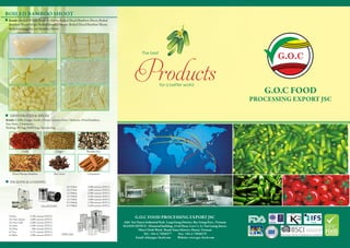 G.O.C FOOD
PROCESSING EXPORT JSC
G.O.C FOOD PROCESSING EXPORT JSC
Add: Tan Xuyen Industrial Park, Lang Giang District, Bac Giang Prov., Vietnam
HANOI OFFICE : Diamond building, 15 th Floor, Lot C1, Le Van Luong Street,
Nhan Chinh Ward, Thanh Xuan District, Hanoi, Vietnam
Tel.: +84-4-73036277 Fax: +84-4-73036279
Email: info@goc-food.com Website: www.goc-food.com
The best
for a better world
Products
BOILED BAMBOO SHOOT
Kinds: Boiled Whole Bamboo Shoot, Boiled Sliced Bamboo Shoot, Boiled
Bamboo Shoot Strips, Boiled Bamboo Shoot, Boiled Diced Bamboo Shoot,
Boiled rectangular cut Bamboo Shoot
PACKING & LOADING
DEHYDRATED & SPICES
Kinds: Chilli, Ginger, Garlic, Onion, Lemon Grass, Turmeric, Dried bamboo,
Star Anise, Cinnamon...
Packing: PE bag, PAPE bag, Vacuum bag
24/8oz		 2,700 cartons/20’FCL
24/15oz (short)	 1,600 cartons/20’FCL
24/15oz (tall)	 1,600 cartons/20’FCL
24/20oz		 1,300 cartons/20’FCL
24/30oz		 900 cartons/20’FCL
6/75oz		 1,175 cartons/20’FCL
6/108oz		 1,000 cartons/20’FCL
24/250ml		 2,000 cartons/20’FCL
24/370ml		 1,600 cartons/20’FCL
12/500ml		 2,300 cartons/20’FCL
12/540ml		 2,200 cartons/20’FCL
12/720ml		 1,800 cartons/20’FCL
6/1500ml		 1,700 cartons/20’FCL
6/1700ml		 1,450 cartons/20’FCLGLASS JARS
TINCAN
Chilli
Dried Menma Bamboo
Ginger
Star Anise
Wooden Ear
Cinnamon
 