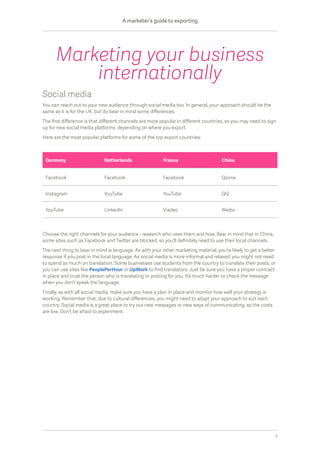 Social media
You can reach out to your new audience through social media too. In general, your approach should be the
same as it is for the UK, but do bear in mind some differences.
The first difference is that different channels are more popular in different countries, so you may need to sign
up for new social media platforms, depending on where you export.
Here are the most popular platforms for some of the top export countries:
Choose the right channels for your audience - research who uses them and how. Bear in mind that in China,
some sites such as Facebook and Twitter are blocked, so you’ll definitely need to use their local channels.
The next thing to bear in mind is language. As with your other marketing material, you’re likely to get a better
response if you post in the local language. As social media is more informal and relaxed, you might not need
to spend as much on translation. Some businesses use students from the country to translate their posts, or
you can use sites like PeoplePerHour or UpWork to find translators. Just be sure you have a proper contract
in place and trust the person who is translating or posting for you. It’s much harder to check the message
when you don’t speak the language.
Finally, as with all social media, make sure you have a plan in place and monitor how well your strategy is
working. Remember that, due to cultural differences, you might need to adapt your approach to suit each
country. Social media is a great place to try out new messages or new ways of communicating, as the costs
are low. Don’t be afraid to experiment.
Marketing your business
internationally
Germany Netherlands France China
Facebook Facebook Facebook Qzone
Instagram YouTube YouTube QQ
YouTube LinkedIn Viadeo Weibo
A marketer’s guide to exporting
9
 