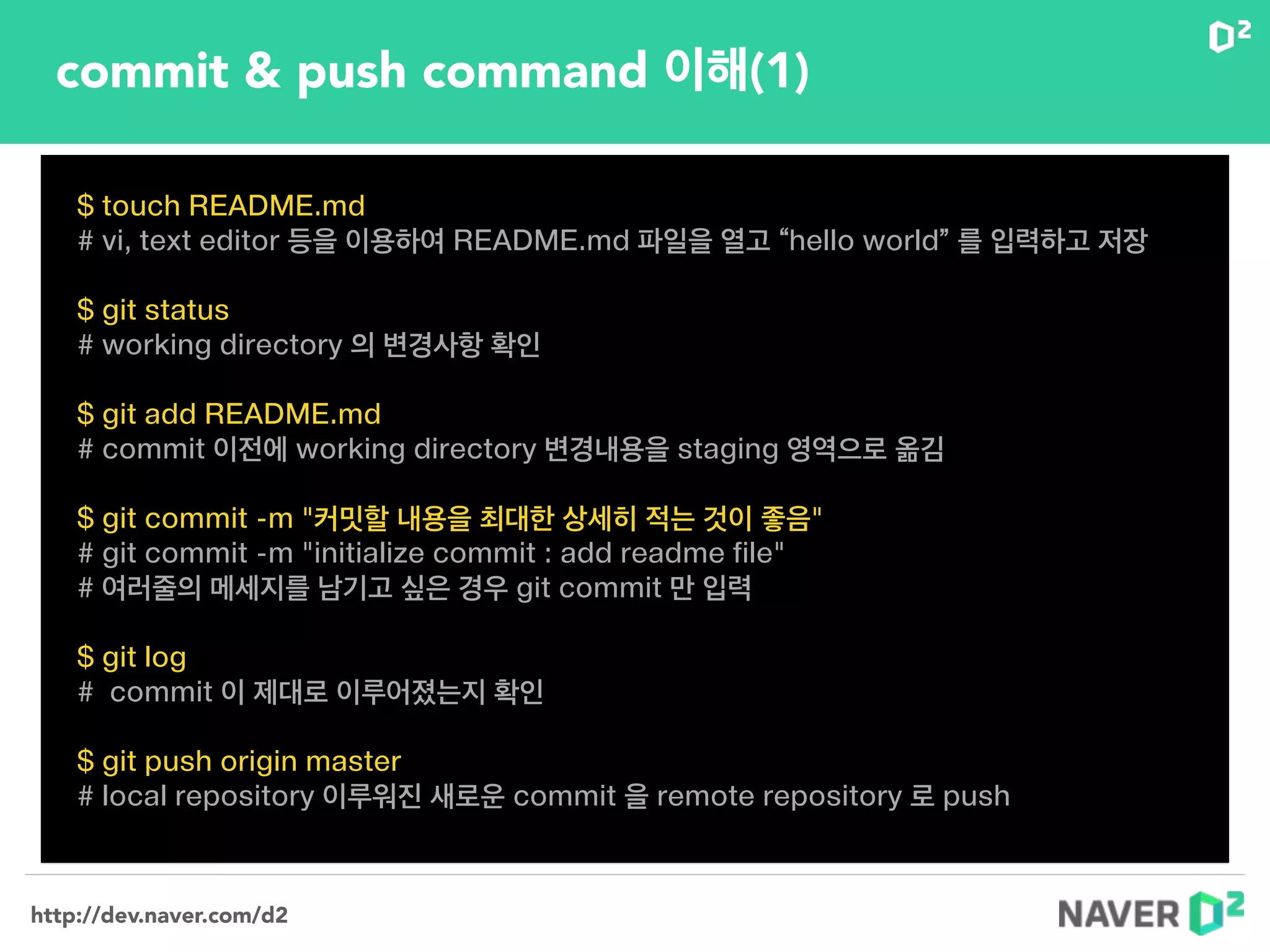 http://dev.naver.com/d2
commit & push command 이해(1)
$ touch README.md
# vi, text editor 등을 이용하여 README.md 파일을 열고 “hello world” 를 입력하고 저장
!
$ git status
# working directory 의 변경사항 확인
!
$ git add README.md
# commit 이전에 working directory 변경내용을 staging 영역으로 옮김
!
$ git commit -m "커밋할 내용을 최대한 상세히 적는 것이 좋음"
# git commit -m "initialize commit : add readme file"
# 여러줄의 메세지를 남기고 싶은 경우 git commit 만 입력
!
$ git log
# commit 이 제대로 이루어졌는지 확인
!
$ git push origin master
# local repository 이루워진 새로운 commit 을 remote repository 로 push
 