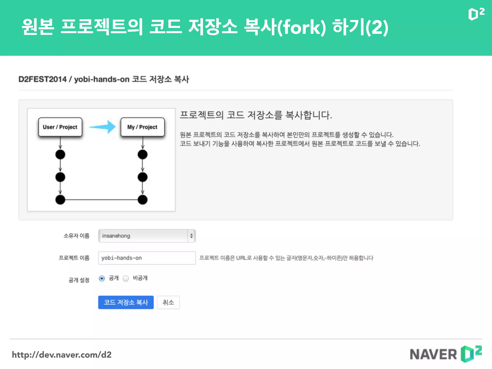 http://dev.naver.com/d2
원본 프로젝트의 코드 저장소 복사(fork) 하기(2)
 