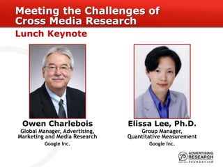 Meeting the Challenges of
Cross Media Research
Lunch Keynote




 Owen Charlebois                Elissa Lee, Ph.D.
 Global Manager, Advertising,       Group Manager,
Marketing and Media Research    Quantitative Measurement
         Google Inc.                   Google Inc.
 