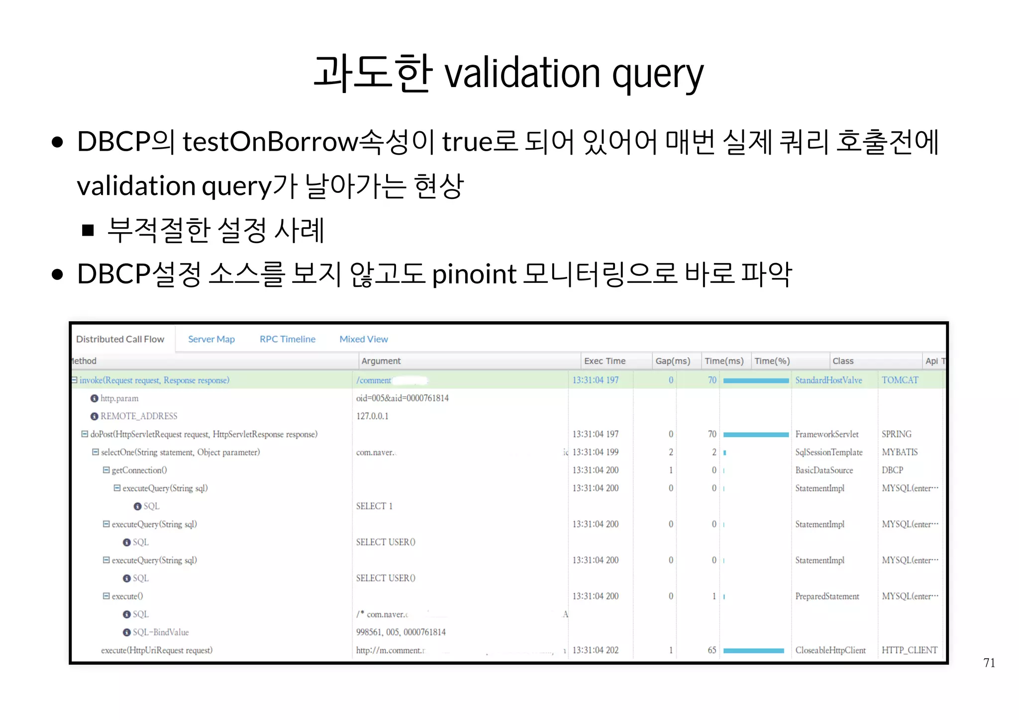 SERVER TO SERVER API 호출 모니터링 사
례
서버 간의 호출여부, 응답이 느린 API서버와 구간별 정보를 바로 파악할
수 있음.
 
