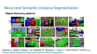 Recurrent Semantic Instance Segmentation
Salvador, A., Bellver, Campos. V, M., Baradad, M., Marqués, F., Torres, J., & Giro-i-Nieto, X. (2018) From
Pixels to Object Sequences: Recurrent Semantic Instance Segmentation.
Object discovery patterns
 