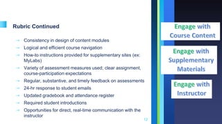 Rubric Continued
➝ Consistency in design of content modules
➝ Logical and efficient course navigation
➝ How-to instructions provided for supplementary sites (ex:
MyLabs)
➝ Variety of assessment measures used; clear assignment,
course-participation expectations
➝ Regular, substantive, and timely feedback on assessments
➝ 24-hr response to student emails
➝ Updated gradebook and attendance register
➝ Required student introductions
➝ Opportunities for direct, real-time communication with the
instructor
12
 