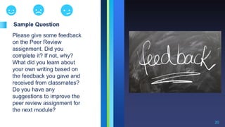 Sample Question
Please give some feedback
on the Peer Review
assignment. Did you
complete it? If not, why?
What did you learn about
your own writing based on
the feedback you gave and
received from classmates?
Do you have any
suggestions to improve the
peer review assignment for
the next module?
20
 