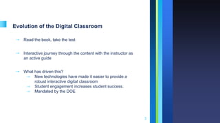Evolution of the Digital Classroom
➝ Read the book, take the test
➝ Interactive journey through the content with the instructor as
an active guide
➝ What has driven this?
⇾ New technologies have made it easier to provide a
robust interactive digital classroom
⇾ Student engagement increases student success.
⇾ Mandated by the DOE
3
 