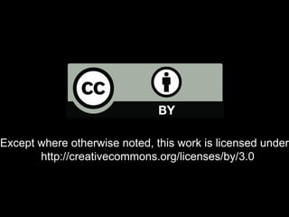 Except where otherwise noted, this work is licensed under:
http://creativecommons.org/licenses/by/3.0
 
