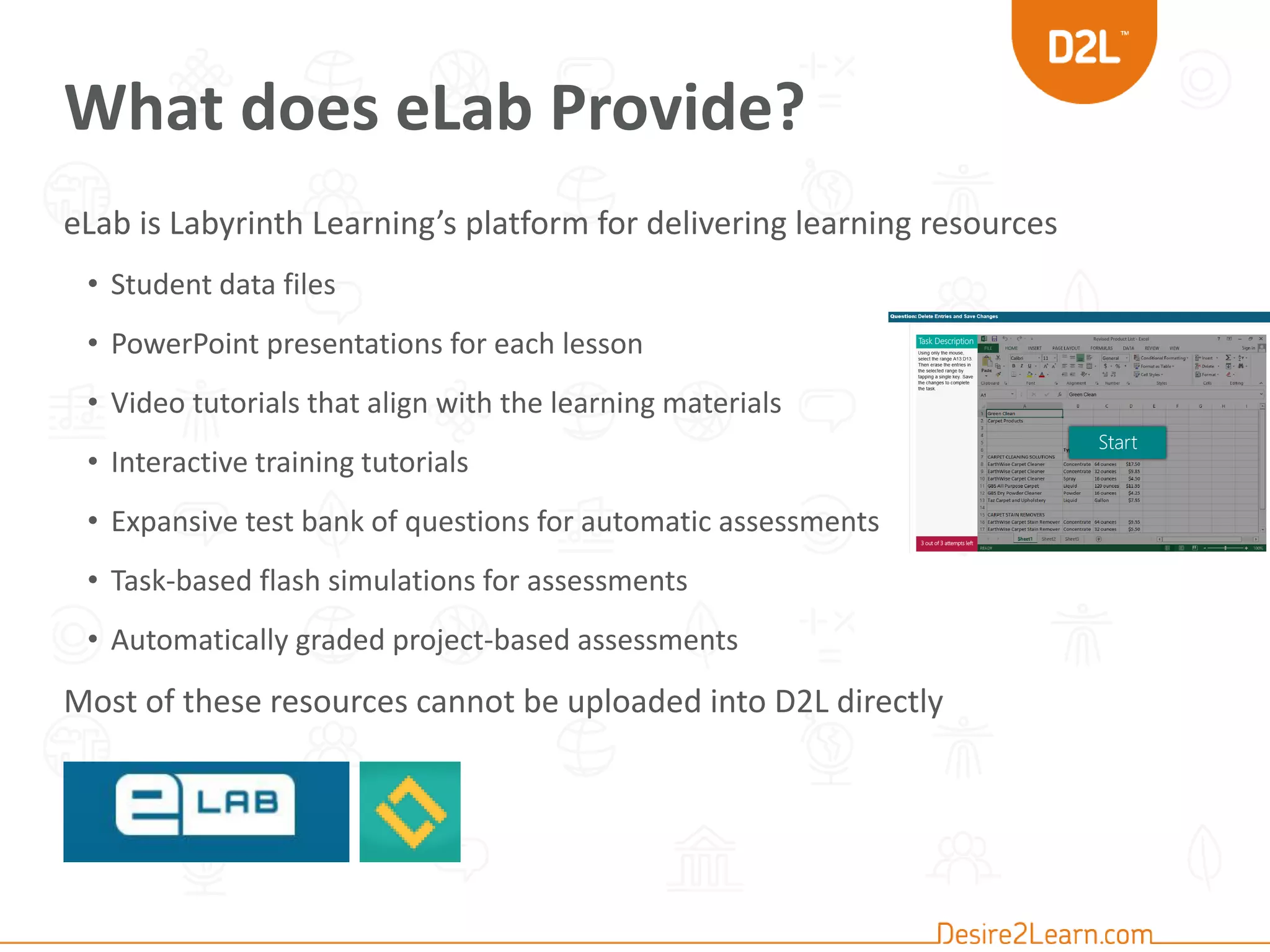 What does eLab Provide?
eLab is Labyrinth Learning’s platform for delivering learning resources
• Student data files
• PowerPoint presentations for each lesson
• Video tutorials that align with the learning materials
• Interactive training tutorials
• Expansive test bank of questions for automatic assessments
• Task-based flash simulations for assessments
• Automatically graded project-based assessments
Most of these resources cannot be uploaded into D2L directly
 