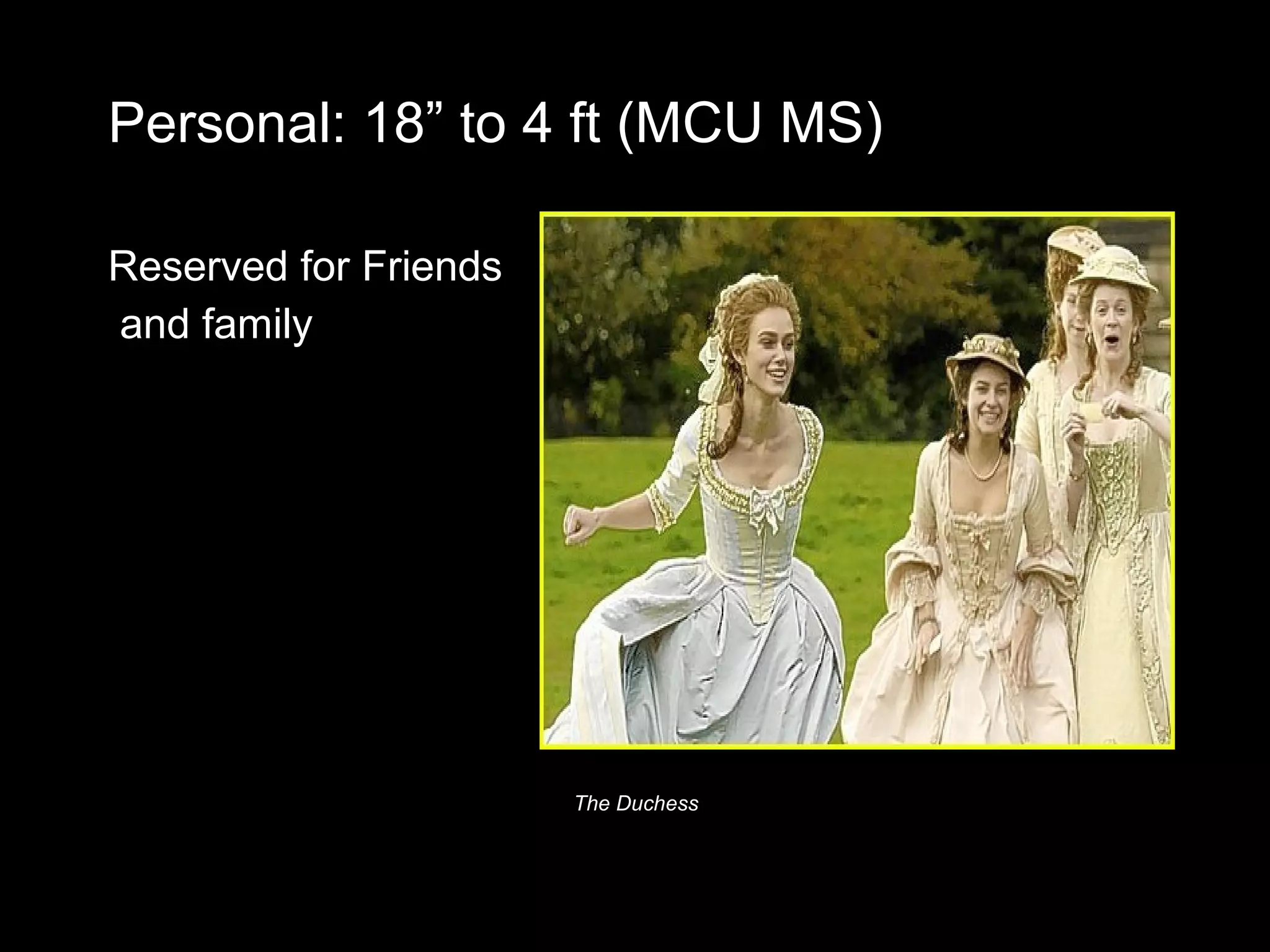 Personal: 18” to 4 ft (MCU MS)
Reserved for Friends
and family
The Duchess
 