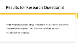 Results for Research Question 3
• RQ3: Are post-survey self-ratings correlated to the assessment of students’
task performance against CLOs? If so, how correlated are they?
• Results: not yet completed
 