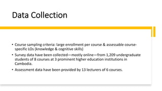 Data Collection
• Course sampling criteria: large enrollment per course & assessable course-
specific LOs (knowledge & cognitive skills)
• Survey data have been collected—mostly online—from 1,209 undergraduate
students of 8 courses at 3 prominent higher education institutions in
Cambodia.
• Assessment data have been provided by 13 lecturers of 6 courses.
 