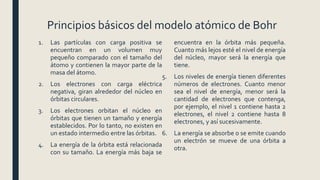 Principios básicos del modelo atómico de Bohr
1. Las partículas con carga positiva se
encuentran en un volumen muy
pequeño comparado con el tamaño del
átomo y contienen la mayor parte de la
masa del átomo.
2. Los electrones con carga eléctrica
negativa, giran alrededor del núcleo en
órbitas circulares.
3. Los electrones orbitan el núcleo en
órbitas que tienen un tamaño y energía
establecidos. Por lo tanto, no existen en
un estado intermedio entre las órbitas.
4. La energía de la órbita está relacionada
con su tamaño. La energía más baja se
encuentra en la órbita más pequeña.
Cuanto más lejos esté el nivel de energía
del núcleo, mayor será la energía que
tiene.
5. Los niveles de energía tienen diferentes
números de electrones. Cuanto menor
sea el nivel de energía, menor será la
cantidad de electrones que contenga,
por ejemplo, el nivel 1 contiene hasta 2
electrones, el nivel 2 contiene hasta 8
electrones, y así sucesivamente.
6. La energía se absorbe o se emite cuando
un electrón se mueve de una órbita a
otra.
 