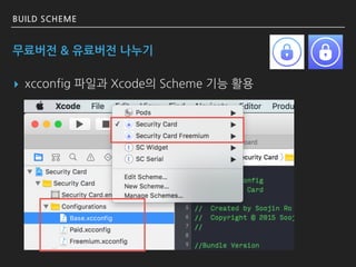 BUILD SCHEME
무료버전 & 유료버전 나누기
▸ xcconfig 파일과 Xcode의 Scheme 기능 활용
 