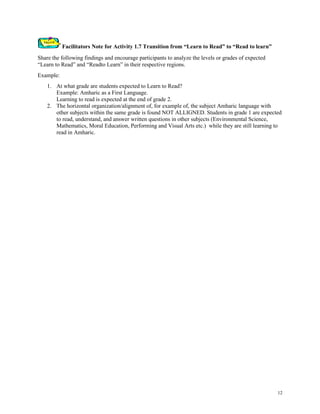 12
Facilitators Note for Activity 1.7 Transition from “Learn to Read” to “Read to learn”
Share the following findings and encourage participants to analyze the levels or grades of expected
“Learn to Read” and “Readto Learn” in their respective regions.
Example:
1. At what grade are students expected to Learn to Read?
Example: Amharic as a First Language.
Learning to read is expected at the end of grade 2.
2. The horizontal organization/alignment of, for example of, the subject Amharic language with
other subjects within the same grade is found NOT ALLIGNED. Students in grade 1 are expected
to read, understand, and answer written questions in other subjects (Environmental Science,
Mathematics, Moral Education, Performing and Visual Arts etc.) while they are still learning to
read in Amharic.
 