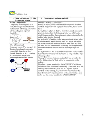 2
Facilitators Note
1. What is Competency?/ Who
is competent person?
2. Competent person in our daily life
What is Competency?
Competency is an integrated set of
skills, knowledge, and attitudes that
enables one to effectively perform the
activities of a given expected
standards.
Example: “Making a Good Coffee.”
Making or boiling coffee is a task to be accomplished at certain
standard. If a person wants to prepare make coffee, he/she has to
have:
the “right knowledge” of the type of inputs required, each step to
go about starting from the first step up to the end in his/her the
mind. Because recalling the requirements and procedures of coffee
making is the function the mind.
the “right skill” of washing coffee beans, roasting to a right color,
grinding to a right texture, boiling water in a Jebena and adding
the ground coffee to it and refluxing it for some time, take from
the stove and wait for some time for settling, decanting into cups
and then distribution to coffee drinkers awaiting to enjoy the
coffee.
the “right attitude”, that is, in order to make coffee he/she has have
free will or like it to enter into the kitchen to carry out all the steps
of making coffee.
“Sharing” if a person “makes a good coffee” and serves for the
coffee drinkers, then he/she is said to be competent in coffee
making.
Therefore, a person is said to be “COMPETENT” if he/she can
integrate the three elements of competency knowledge, skill, and
attitude and accomplish a given task at a required level of
standard. To the contrary, if a person lacks one or more of the
three domains of “competency”, then he/she cannot make a good
coffee and thus he/she is said to be “INCOPMETENT”.
Who is Competent?
Competent person: Who can apply all
domains Knowledge (Learning to
Learn), Skill (Learning to Do),
Attitude (Learning to Be) + Learning
to Live Together and perform
something in a real-world context.
 