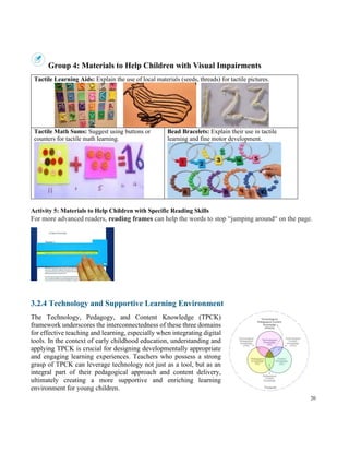 20
Group 4: Materials to Help Children with Visual Impairments
Tactile Learning Aids: Explain the use of local materials (seeds, threads) for tactile pictures.
Tactile Math Sums: Suggest using buttons or
counters for tactile math learning.
Bead Bracelets: Explain their use in tactile
learning and fine motor development.
Activity 5: Materials to Help Children with Specific Reading Skills
For more advanced readers, reading frames can help the words to stop “jumping around“ on the page.
3.2.4 Technology and Supportive Learning Environment
The Technology, Pedagogy, and Content Knowledge (TPCK)
framework underscores the interconnectedness of these three domains
for effective teaching and learning, especially when integrating digital
tools. In the context of early childhood education, understanding and
applying TPCK is crucial for designing developmentally appropriate
and engaging learning experiences. Teachers who possess a strong
grasp of TPCK can leverage technology not just as a tool, but as an
integral part of their pedagogical approach and content delivery,
ultimately creating a more supportive and enriching learning
environment for young children.
 