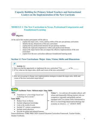 6
Capacity Building for Primary School Teachers and Instructional
Leaders on the Implementation of the New Curricula
MODULE 1: The New Curriculum in Nexus, Professional Competencies and
Foundational Learning
Objective
At the end of this module participants will be able to:
o explain the major aims, vision, and key shifts of the new pre-primary curriculum.
o identify the key dimensions of the new curriculum
o explain the key professional domains for pre-primary teachers.
o identify the expected competencies within each professional domain.
o analyze the major factors that can impact the effective implementation of the new
curriculum
o explain how the new curriculum addresses foundational learning needs.
Section 1.1 New Curriculum- Major Aims, Vision, Shifts and Dimensions
Activity 1.1
1. Have you had the opportunity to implement the new curriculum? Yes _______ or No ______
2. If Yes, what are the major aims, shofts and vision of the new curriculum?
________________________________________________________________________________
________________________________________________________________________________
3. How are you going to change your implementation strategies to attain the major aims, shifts and
vision of the new curriculum stated above?
________________________________________________________________________________
________________________________________________________________________________
________________________________________________________________________________
Facilitator Notes: Reform major Aims, Shifts
Aims
• Transition to “a knowledge-based and
technology-led economy”.
Some Shifts
• Reduce focus on theory.
• Include indigenous knowledge.
• Link to the world of work.
• Include 21st
century competences.
• Include moral education.
• Provide for gifted and talented learners.
Sources/Reference: FDRE MOE 2020. General Education Curriculum Framework, Teacher Guides,
Student Textbooks.
Vision “[…] to cultivate all-rounded, ethical, self-
reliant and responsible lifelong learners who are
competitive regionally and globally and are
equipped with 21st century skills instrumental to
thrive in a knowledge-based and technology-led
economy as citizens […].” (EGECF 2020)
 