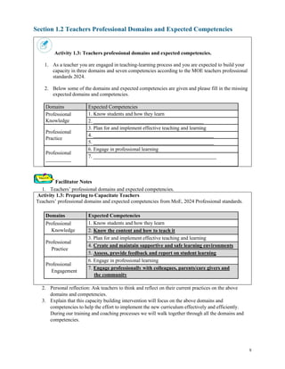 8
Section 1.2 Teachers Professional Domains and Expected Competencies
Activity 1.3: Teachers professional domains and expected competencies.
1. As a teacher you are engaged in teaching-learning process and you are expected to build your
capacity in three domains and seven competencies according to the MOE teachers professional
standards 2024.
2. Below some of the domains and expected competencies are given and please fill in the missing
expected domains and competencies.
Domains Expected Competencies
Professional
Knowledge
1. Know students and how they learn
2. ___________________________________________
Professional
Practice
3. Plan for and implement effective teaching and learning
4. _______________________________________________
5. _______________________________________________
Professional
__________
6. Engage in professional learning
7. ________________________________________________
Facilitator Notes
1. Teachers’ professional domains and expected competencies.
Activity 1.3: Preparing to Capacitate Teachers
Teachers’ professional domains and expected competencies from MoE, 2024 Professional standards.
Domains Expected Competencies
Professional
Knowledge
1. Know students and how they learn
2. Know the content and how to teach it
Professional
Practice
3. Plan for and implement effective teaching and learning
4. Create and maintain supportive and safe learning environments
5. Assess, provide feedback and report on student learning
Professional
Engagement
6. Engage in professional learning
7. Engage professionally with colleagues, parents/care givers and
the community
2. Personal reflection: Ask teachers to think and reflect on their current practices on the above
domains and competencies.
3. Explain that this capacity building intervention will focus on the above domains and
competencies to help the effort to implement the new curriculum effectively and efficiently.
During our training and coaching processes we will walk together through all the domains and
competencies.
 