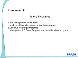Component II

                      Micro Insurance

a. Full management of RBRDFI
b. Implement financial education in microinsurance
c. Continue insurer partnerships
d.Manage the ILO Grant Program and possible follow up grant
 