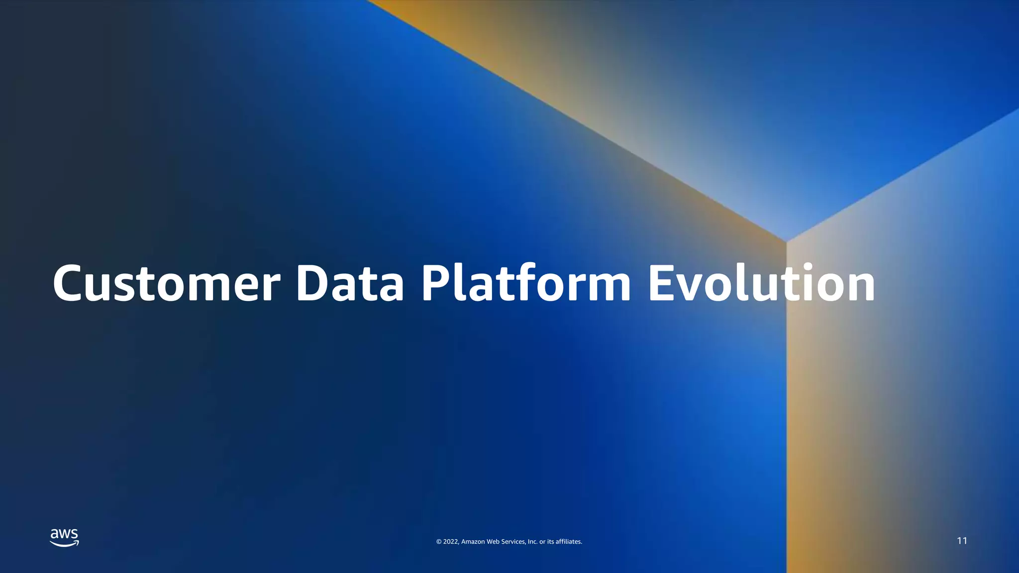 AWS DATA ROADSHOW 2023
© 2023, Amazon Web Services, Inc. or its affiliates. All rights reserved. © 2022, Amazon Web Services, Inc. or its affiliates.
Customer Data Platform Evolution
11
 