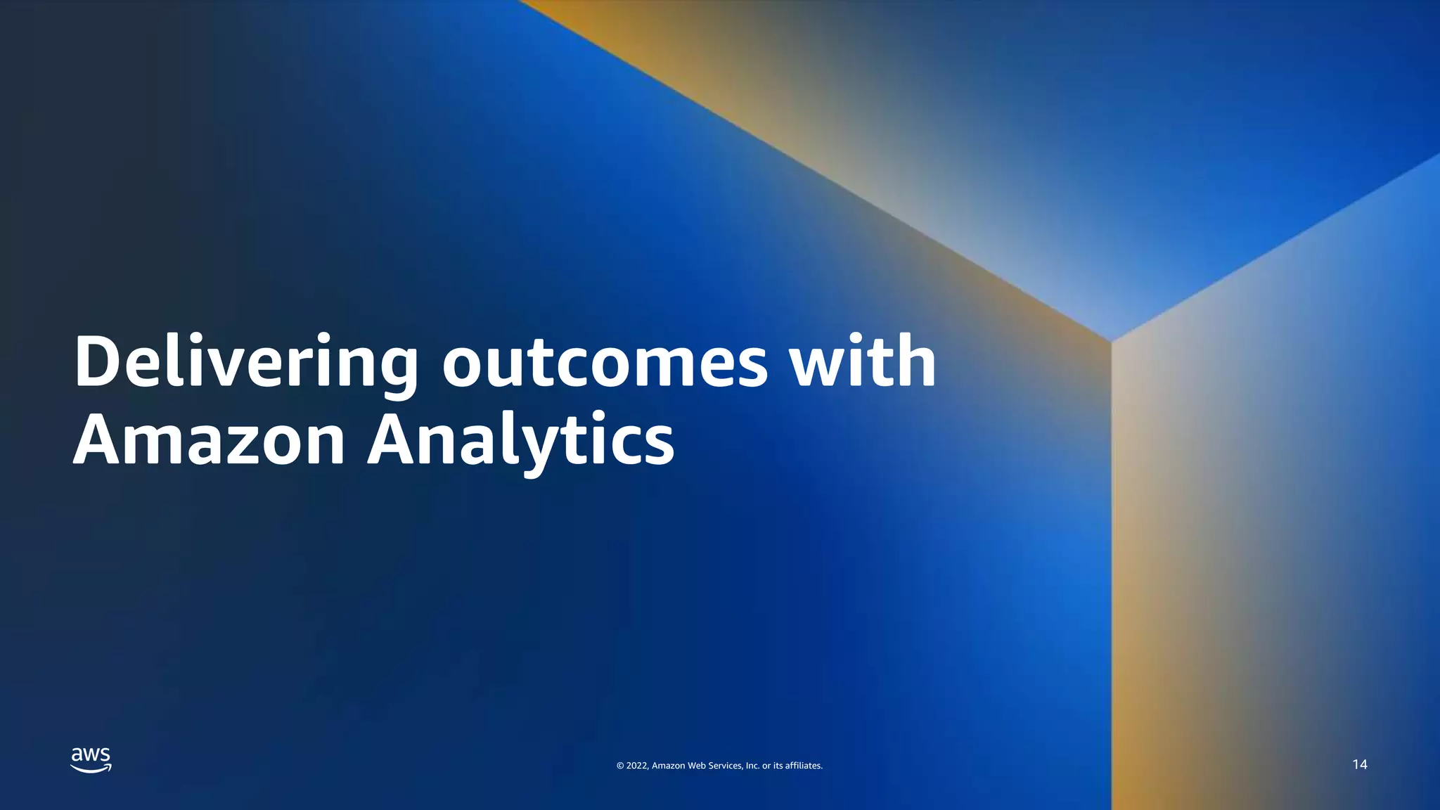 AWS DATA ROADSHOW 2023
© 2023, Amazon Web Services, Inc. or its affiliates. All rights reserved. © 2022, Amazon Web Services, Inc. or its affiliates.
Delivering outcomes with
Amazon Analytics
14
 