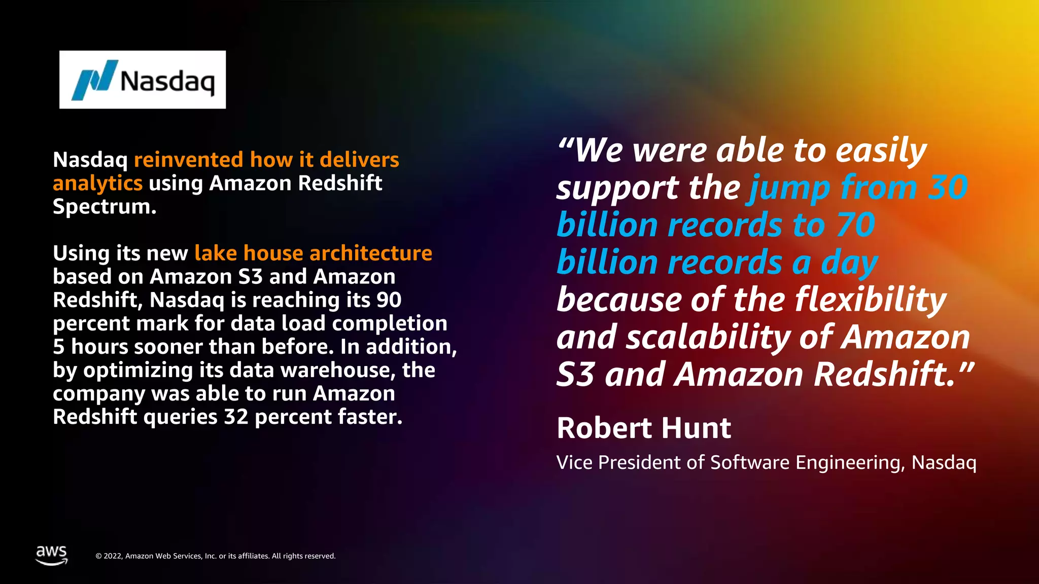 AWS DATA ROADSHOW 2023
© 2023, Amazon Web Services, Inc. or its affiliates. All rights reserved.
© 2022, Amazon Web Services, Inc. or its affiliates. All rights reserved.
“We were able to easily
support the jump from 30
billion records to 70
billion records a day
because of the flexibility
and scalability of Amazon
S3 and Amazon Redshift.”
Robert Hunt
Vice President of Software Engineering, Nasdaq
Nasdaq reinvented how it delivers
analytics using Amazon Redshift
Spectrum.
Using its new lake house architecture
based on Amazon S3 and Amazon
Redshift, Nasdaq is reaching its 90
percent mark for data load completion
5 hours sooner than before. In addition,
by optimizing its data warehouse, the
company was able to run Amazon
Redshift queries 32 percent faster.
 