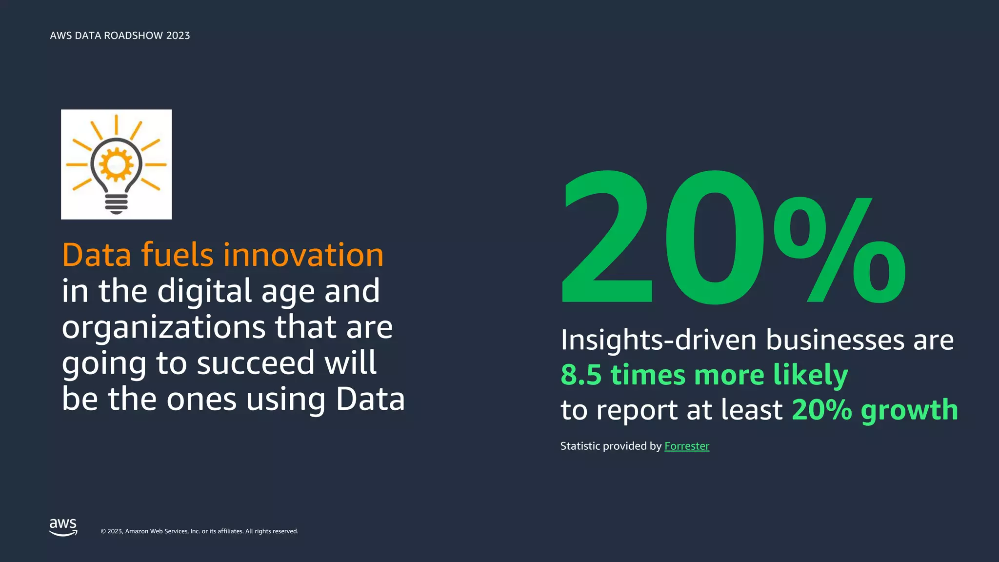 AWS DATA ROADSHOW 2023
© 2023, Amazon Web Services, Inc. or its affiliates. All rights reserved.
Data fuels innovation
in the digital age and
organizations that are
going to succeed will
be the ones using Data
Statistic provided by Forrester
20%
Insights-driven businesses are
8.5 times more likely
to report at least 20% growth
 