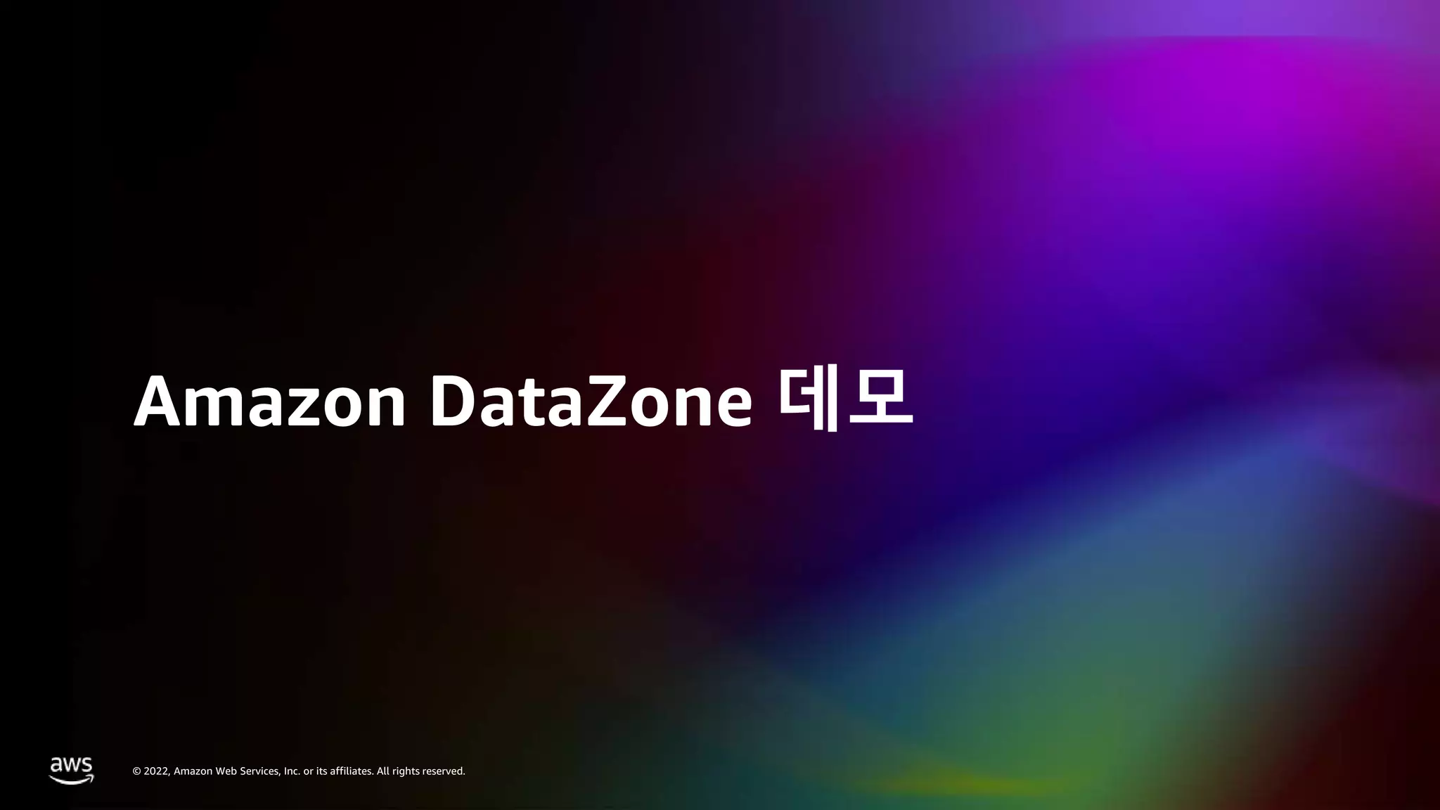 © 2023, Amazon Web Services, Inc. or its affiliates. All rights reserved.
© 2022, Amazon Web Services, Inc. or its affiliates. All rights reserved.
Amazon DataZone 데모
 