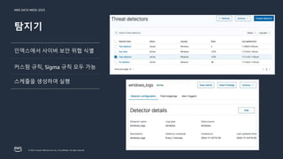 AWS DATA WEEK 2023
© 2023, Amazon Web Services, Inc. or its affiliates. All rights reserved.
탐지기
인덱스에서 사이버 보안 위협 식별
스케줄을 생성하여 실행
커스텀 규칙, Sigma 규칙 모두 가능
 