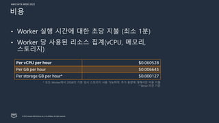 AWS DATA WEEK 2023
© 2023, Amazon Web Services, Inc. or its affiliates. All rights reserved.
• Worker 실행 시간에 대한 초당 지불 (최소 1분)
• Worker 당 사용된 리소스 집계(vCPU, 메모리,
스토리지)
Per vCPU per hour $0.060528
Per GB per hour $0.006643
Per storage GB per hour* $0.000127
비용
 
