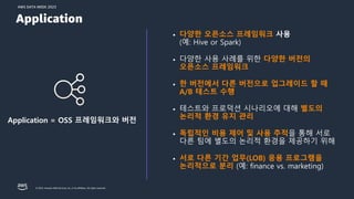 AWS DATA WEEK 2023
© 2023, Amazon Web Services, Inc. or its affiliates. All rights reserved.
• 다양한 오픈소스 프레임워크 사용
(예: Hive or Spark)
• 다양한 사용 사례를 위한 다양한 버전의
오픈소스 프레임워크
• 한 버전에서 다른 버전으로 업그레이드 할 때
A/B 테스트 수행
• 테스트와 프로덕션 시나리오에 대해 별도의
논리적 환경 유지 관리
• 독립적인 비용 제어 및 사용 추적을 통해 서로
다른 팀에 별도의 논리적 환경을 제공하기 위해
• 서로 다른 기간 업무(LOB) 응용 프로그램을
논리적으로 분리 (예: finance vs. marketing)
Application = OSS 프레임워크와 버전
Application
 