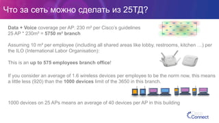 Что за сеть можно сделать из 25ТД?
Data + Voice coverage per AP: 230 m² per Cisco’s guidelines
25 AP * 230m² = 5750 m² branch
Assuming 10 m² per employee (including all shared areas like lobby, restrooms, kitchen …) per
the ILO (International Labor Organisation):
This is an up to 575 employees branch office!
If you consider an average of 1.6 wireless devices per employee to be the norm now, this means
a little less (920) than the 1000 devices limit of the 3650 in this branch.
1000 devices on 25 APs means an average of 40 devices per AP in this building
 