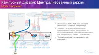 Data Center
Campus Services
ISE
PI
Data Center-
DMZ
SiSi SiSi
SiSi
SiSi
Data Center
Campus Services
SiSi
SiSi
Campus
Guest Anchors
Internet
SiSi
SiSi
SiSi
SiSi
Campus
Access
PI
ISE
MC MA
MC MA
•  Изначально PoP и PoA пользователя
совмещены на одном контроллере
•  Заметка – в этой модели внедрения
предполагается, что на контроллерах не
используются общие пользовательские VLAN
(т.е. Контроллеры в разных L3 сегментах)
•  Трафик пользователя передается как
показано…
Кампусный дизайн: Централизованный режим
Layer 3 роуминг
Layer 3
Mobility
Group5508 /
WiSM-2
5508 /
WiSM-2
MC MA MC MA
PoP
PoA
 