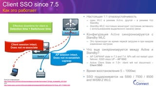 Switch
Client SSO since 7.5
Как это работает
Active WLC
AP session intact.
Does not re-establish
capwap
Client session intact.
Does not re-associate
Effective downtime for client is
Detection time + Switchover time
•  Настоящая 1:1 отказоустойчивость
–  один WLC в режиме Active, другой – в режиме Hot
Standby
–  Standby WLC постоянно мониторит состояние активного
с использованием выделенного канала связи
•  Конфигурация Active синхронизируется с
Standby WLC
–  Это происходит во время первой загрузки и при каждом
изменении настроек
•  Что еще синхронизируется между Active и
Standby?
–  AP CAPWAP state in 7.3 and 7.4: APs will not restart upon
failover, SSID stays UP – AP SSO
–  Active Client State in 7.5+: client will not disconnect –
Client SSO
•  Время восстановления 5 – 1000мс
•  SSO поддерживается на 5500 / 7500 / 8500
and WiSM-2 WLCБольше информации:
http://www.cisco.com/en/US/docs/wireless/controller/technotes/7.5/High_Availability_DG.html
или
http://www.cisco.com/en/US/prod/collateral/wireless/ps6302/ps8322/ps10315/qa_c67-714540.html
 