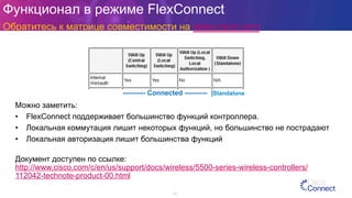 Функционал в режиме FlexConnect
Обратитесь к матрице совместимости на www.cisco.com
31
Можно заметить:
•  FlexConnect поддерживает большинство функций контроллера.
•  Локальная коммутация лишит некоторых функций, но большинство не пострадают
•  Локальная авторизация лишит большинства функций
Документ доступен по ссылке:
http://www.cisco.com/c/en/us/support/docs/wireless/5500-series-wireless-controllers/
112042-technote-product-00.html
---------- Connected ---------- |Standalone
 
