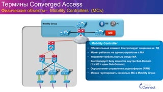 Mobility Group PIISE
MAMAMA
Термины Converged Access
Физические объекты– Mobility Controllers (MCs)
MC
•  Обязательный элемент. Контролирует лицензии на ТД
•  Может работать на одном устройстве с МА
•  Управляет мобильностью между MA
•  Контролирует базу клиентов внутри Sub-Domain
(1 x MC = один Sub-Domain)
•  Осуществляет управление радиоэфиром (RRM)
•  Можно группировать несколько МС в Mobility Group
Mobility Controller
 