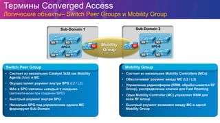 Sub-Domain 1
MAMA
SPG-A
MAMA
Термины Converged Access
Логические объекты– Switch Peer Groups и Mobility Group
Sub-Domain 2
MAMA
MAMA
SPG-BMC MCMobility
Group
•  Состоит из нескольких Catalyst 3x50 как Mobility
Agents (Mas) и MC
•  Осуществляет роуминг внутри SPG (L2 / L3)
•  MAs в SPG связаны «каждый с каждым»
(автоматически при создании SPG)
•  Быстрый роуминг внутри SPG
•  Несколько SPG под управлением одного МС
формируют Sub-Domain
Switch Peer Group
•  Состоит из нескольких Mobility Controllers (MCs)
•  Обеспечивает роуминг между MC (L2 / L3)
•  Управление радиоэфиром (RRM, обрабатывается RF
Group), распределение ключей для Fast Roaming
•  Один Mobility Controller (MC) управляет RRM для
всей RF Group
•  Быстрый роуминг возможен между МС в одной
Mobility Group
Mobility Group
 