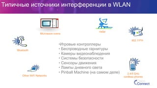 Типичные источники интерференции в WLAN
Bluetooth
Microwave ovens
Other WiFi Networks
802.11FH
2.4/5 GHz
cordless phones
radar
• Игровые контроллеры
• Беспроводные гарнитуры
• Камеры видеонаблюдения
• Системы безопасности
• Сенсоры движения
• Лампы дневного света
• Pinball Machine (на самом деле)
 