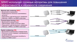 MIMO использует сложные алгоритмы для повышения
эффективности и надежности соединения
Spatial multiplexing (SM)
• Выполняется приемником и передатчиком
• Несколько антенн передают одновременно
на одном канале
• Увеличивается пропускная способность
• Требуется MIMO клиент
Maximal ratio combining (MRC)
• Выполняется приемником
• Комбинируются несколько принимаемых
сигналов
• Повышается чувствительность приемника
• Работает с MIMO и не MIMO клиентами
Transmit beam forming (TBF)
• Выполняется передатчиком
• Обеспечивает прием сигналов в фазе
• Повышается чувствительность приемника
• Работает с MIMO и не MIMO клиентами
message
message
message
message
message
message
message
message
message
me
ss
age
 