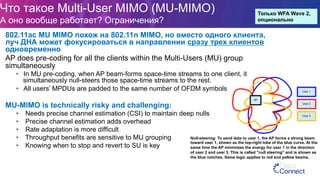 Что такое Multi-User MIMO (MU-MIMO)
А оно вообще работает? Ограничения?
802.11ac MU MIMO похож на 802.11n MIMO, но вместо одного клиента,
луч ДНА может фокусироваться в направлении сразу трех клиентов
одновременно
AP does pre-coding for all the clients within the Multi-Users (MU) group
simultaneously
•  In MU pre-coding, when AP beam-forms space-time streams to one client, it
simultaneously null-steers those space-time streams to the rest.
•  All users’ MPDUs are padded to the same number of OFDM symbols
MU-MIMO is technically risky and challenging:
•  Needs precise channel estimation (CSI) to maintain deep nulls
•  Precise channel estimation adds overhead
•  Rate adaptation is more difficult
•  Throughput benefits are sensitive to MU grouping
•  Knowing when to stop and revert to SU is key
Только WFA Wave 2,
опционально
Null-steering: To send data to user 1, the AP forms a strong beam
toward user 1, shown as the top-right lobe of the blue curve. At the
same time the AP minimizes the energy for user 1 in the direction
of user 2 and user 3. This is called "null steering" and is shown as
the blue notches. Same logic applies to red and yellow beams.
 