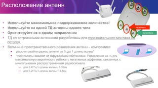 Расположение антенн
•  Используйте максимальное поддерживаемое количество!
•  Используйте на одной ТД антенны одного типа
•  Ориентируйте их в одном направлении
•  ТД со встроенными антеннами разработаны для горизонтального монтажа на
потолок
•  Величина пространственного разнесения антенн - компромисс
§  рассчитывайте разнос антенн от ½ до 1 длины волны*
§  *результаты зависят от окружающей обстановки. Разнесение на ½ длины волны дает
максимальную вероятность избежать негативных эффектов, связанных с
многолучевым распространением радиосигнала
—  для 2.4ГГц ½ длины волны~ 6.35см
—  для 5.2ГГц ½ длины волны ~ 2.8см
receivers
transmitters
 