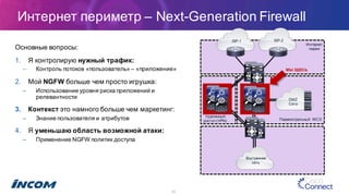 Интернет  периметр  – Next-­Generation Firewall
29
ISP-­1 ISP-­2
DMZ
Сети
Интернет  
пиринг
Удаленный  
доступ  (VPN) Периметральный МСЭ
Внутренняя  
сеть
МЫ  ЗДЕСЬ
Основные  вопросы:
1. Я  контролирую  нужный  трафик:
– Контроль  потоков  «пользователь»  – «приложение»
2. Мой  NGFW больше  чем  просто  игрушка:
– Использование  уровня  риска  приложений  и  
релевантности
3. Контекст  это  намного  больше  чем  маркетинг:
– Знание  пользователя  и  атрибутов
4. Я  уменьшаю  область  возможной  атаки:
– Применение  NGFW  политик  доступа
 