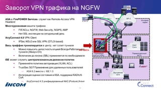 Заворот  VPN  трафика  на  NGFW  
ASA  с  FirePOWER Services   служит  как  Remote-­Access  VPN  
Headend
Многоуровневая  зашита  трафика:
§ FW  ACLs,  NGFW,  Web  Security,  NGIPS,  AMP
§ Нет  SSL  инспекции  на  сегодняшний  день
AnyConnect 4.0  VPN  Client
§ IPSec IKEv2  или  SSL  VPN  (DTLS-­based)
Весь  траффик  туннелируется  в  центр,  нет  сплит-­туннеля  
§ Можно  повысить  целостность  опцией  Всегда-­Работающего  
туннеля  (Always-­On)
§ Включение  до  логина  (SBL)  применяется  по  необходимости
ISE может  служить  централизованным  движком  политик
§ Применяйте  политики  авторизации  (VLAN,  ACL)
§ TrustSec  SGT  Применение  для  удаленных  пользователей
— ASA  9.2  вместе  с   ISE  1.3
§ Интеграция  оценки  состояния  в  ASA,  поддержка RADIUS  
CoA
— AnyConnect 4.0  унифицированный NAC  (Posture)  Агент
54
ISP-­1 ISP-­2
DMZ
Сети
Интернет
пиринг
Удаленный  
доступ  (VPN)
Периметральный
МСЭ
Внутренние  
сети
МЫ  ЗДЕСЬ
ISE  
AD
 