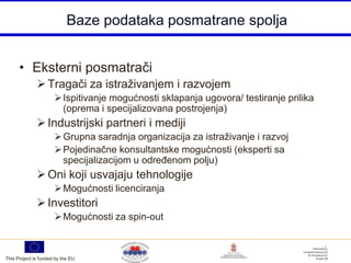 Baze podataka posmatrane spolja


      • Eksterni posmatrači
               Tragači za istraživanjem i razvojem
                       Ispitivanje mogućnosti sklapanja ugovora/ testiranje prilika
                        (oprema i specijalizovana postrojenja)
               Industrijski partneri i mediji
                       Grupna saradnja organizacija za istraživanje i razvoj
                       Pojedinačne konsultantske mogućnosti (eksperti sa
                        specijalizacijom u određenom polju)
               Oni koji usvajaju tehnologije
                       Mogućnosti licenciranja
               Investitori
                       Mogućnosti za spin-out



This Project is funded by the EU
 