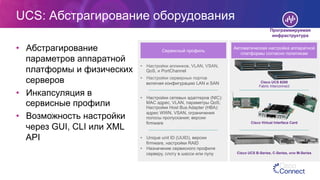 UCS: Абстрагирование оборудования
•  Абстрагирование
параметров аппаратной
платформы и физических
серверов
•  Инкапсуляция в
сервисные профили
•  Возможность настройки
через GUI, CLI или XML
API
Cisco UCS B-Series, C-Series, или M-Series
Cisco UCS 6200
Fabric Interconnect
Сервисный профиль
Автоматическая настройка аппаратной
платформы согласно политикам
•  Настройки аплинков, VLAN, VSAN,
QoS, и PortChannel
•  Настройки серверных портов
включая конфигурацию LAN и SAN
•  Настройки сетевых адаптеров (NIC):
MAC адрес, VLAN, параметры QoS;
Настройки Host Bus Adapter (HBA):
адрес WWN, VSAN, ограничения
полосы пропускания; версии
firmware
•  Unique unit ID (UUID), версии
firmware, настройки RAID
•  Назначение сервисного профиля
серверу, слоту в шасси или пулу
Cisco Virtual Interface Card
Программируемая
инфраструктура
 
