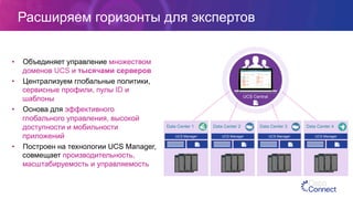 Расширяем горизонты для экспертов
•  Объединяет управление множеством
доменов UCS и тысячами серверов
•  Централизуем глобальные политики,
сервисные профили, пулы ID и
шаблоны
•  Основа для эффективного
глобального управления, высокой
доступности и мобильности
приложений
•  Построен на технологии UCS Manager,
совмещает производительность,
масштабируемость и управляемость
UCS Central
ADFADFA
ADFADFA
ADFADFA
UCS Manager
ADFADFA
ADFADFA
ADFADFA
Data Center 1
UCS Manager
ADFADFA
ADFADFA
ADFADFA
Data Center 2
UCS Manager
ADFADFA
ADFADFA
ADFADFA
Data Center 4
UCS Manager
ADFADFA
ADFADFA
ADFADFA
Data Center 3
 